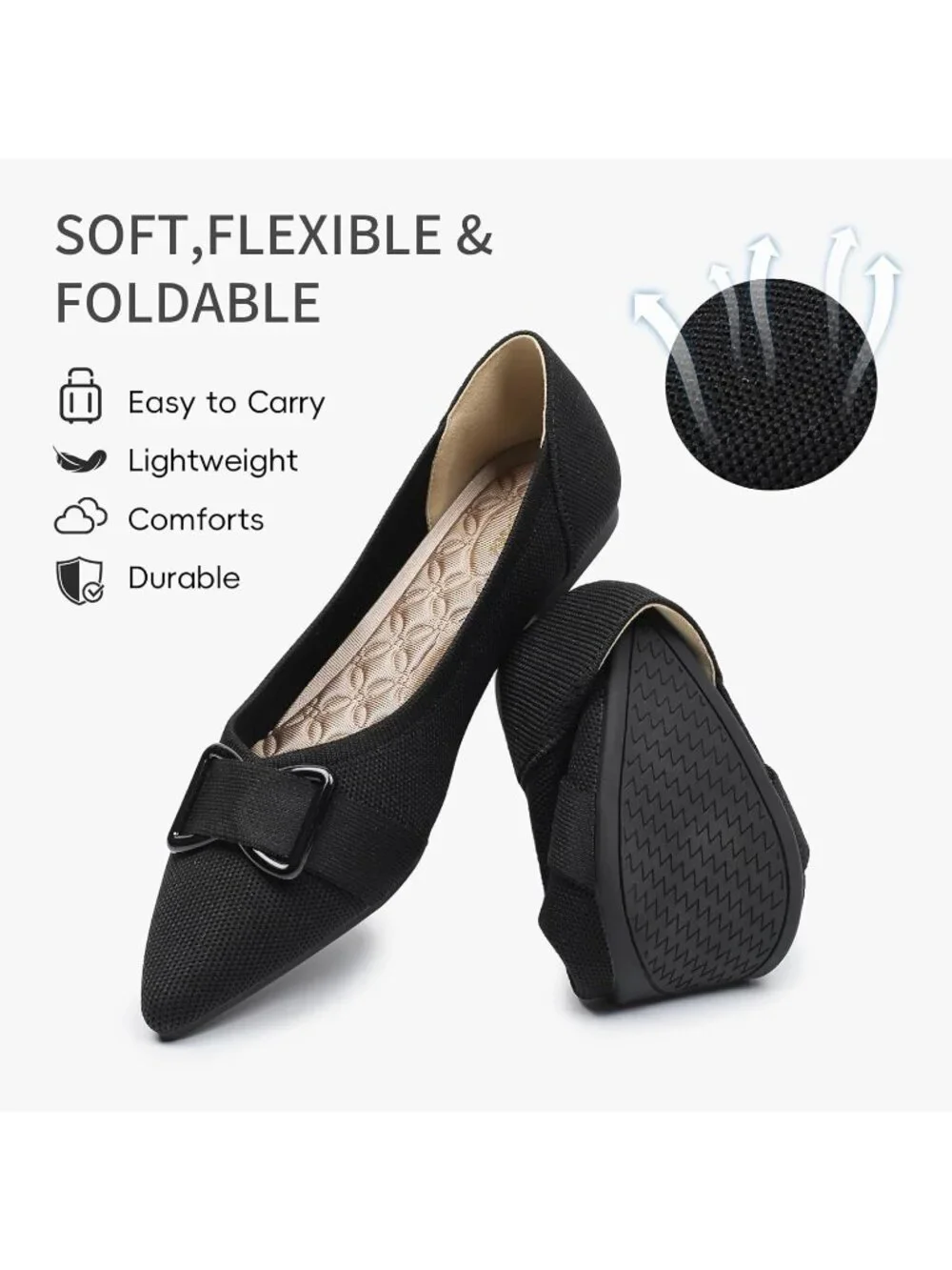 Women's Black Arch Support Dress Pointed Toe Comfortable Knit Ballet Flat Shoes